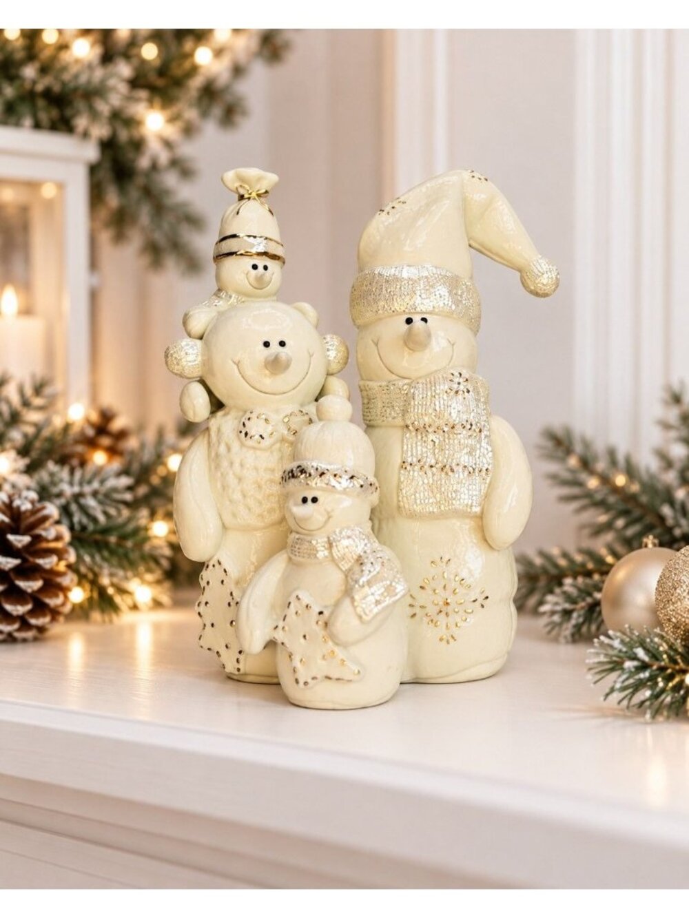 Lenox Ivory Snowman Family Figurine Silver Gold Christmas 6.5"